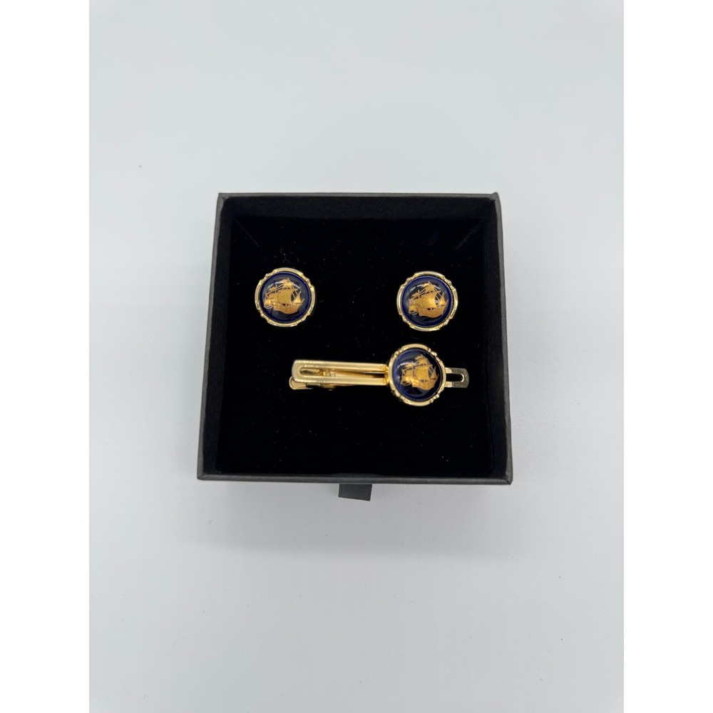 Limoges castel France cufflinks &  tie clip  Gold Tone Blue ship‎ nautical Set